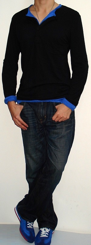Casual Layered Style with Black and Blue Henley Shirts Dark Blue Jeans and Sneakers