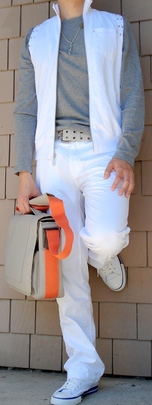 Casual Layered White Vest with Grey Long Sleeve Shirt and White Pants