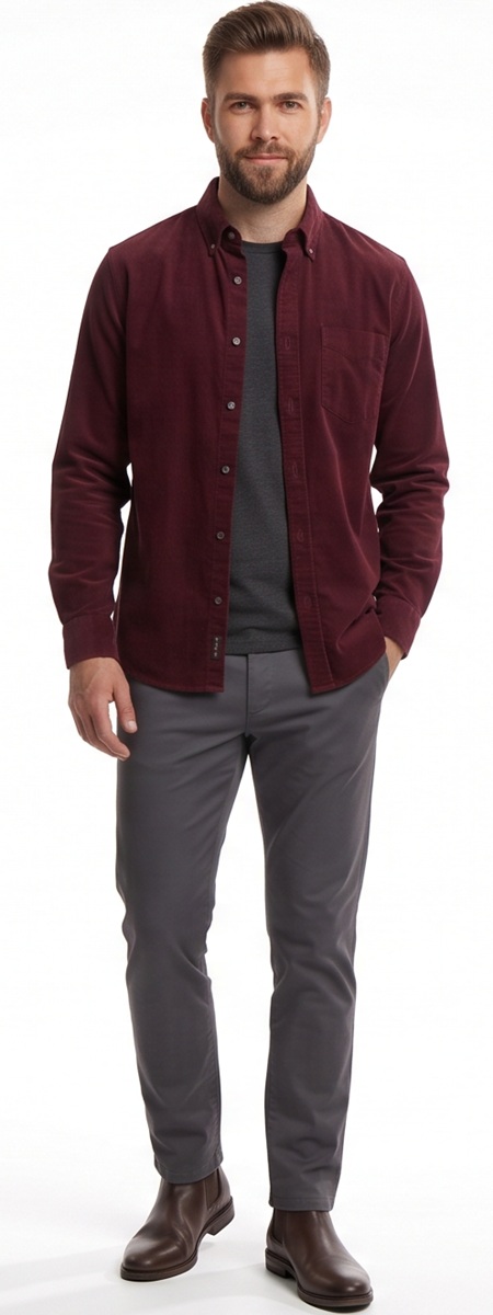 Casual Men's Burgundy Button Down Shirt with Charcoal Chinos and Chelsea Boots