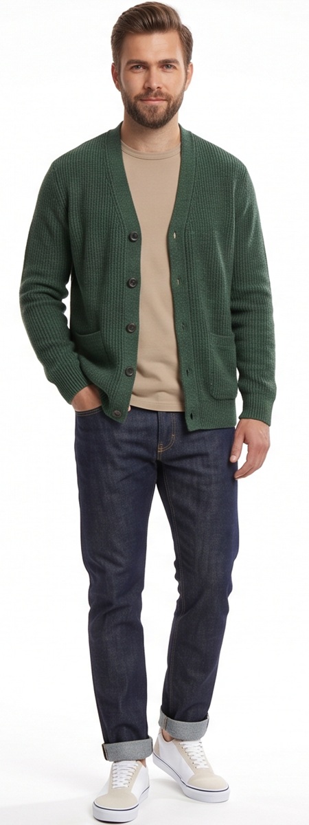 Casual Men's Green Cardigan and Beige T-Shirt Outfit with Dark Denim Jeans