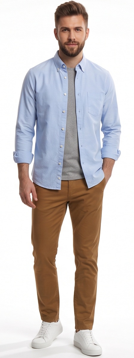 Casual Men's Light Blue Button Down Shirt and Khaki Chinos Layered Outfit
