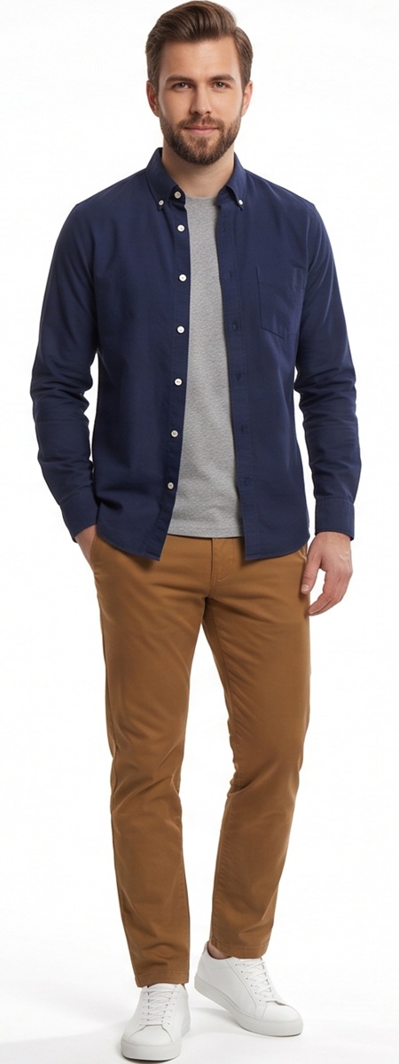 Casual Men's Navy Blue Button Down Shirt and Brown Khaki Chinos Outfit