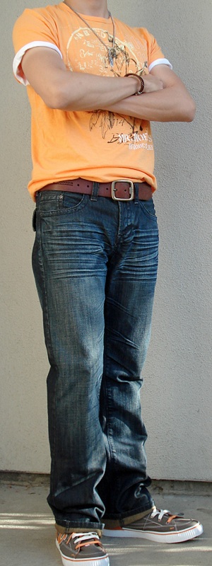 Casual Orange Ringer Graphic Tee with Dark Wash Bootcut Jeans and Brown Leather Belt Outfit