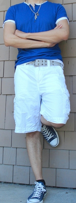 Casual Royal Blue Henley Shirt with White Cargo Shorts and Blue Sneakers