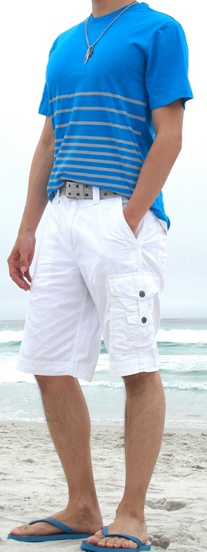 Casual Summer Blue Striped T-Shirt with White Cargo Shorts and Sandals