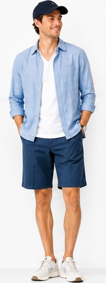 Casual Summer Layering with Light Blue Chambray Shirt and Navy Chino Shorts