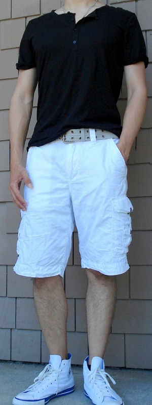 Casual Summer Outfit with Black Henley Shirt and White Cargo Shorts
