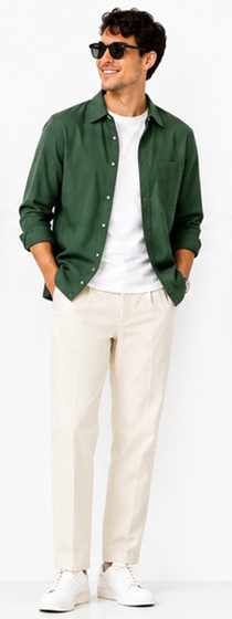 Casual Weekend Layering with Green Button Down Shirt and Cream Trousers