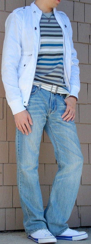 Casual White Harrington Jacket with Grey Striped T-Shirt and Light Wash Jeans Outfit