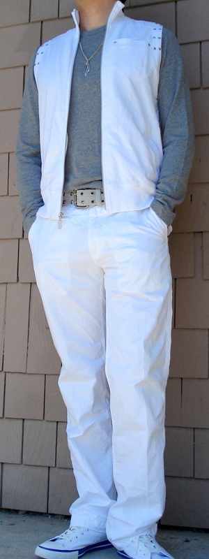 Casual White Zip Vest with Grey Long Sleeve T-Shirt and White Chino Pants Outfit