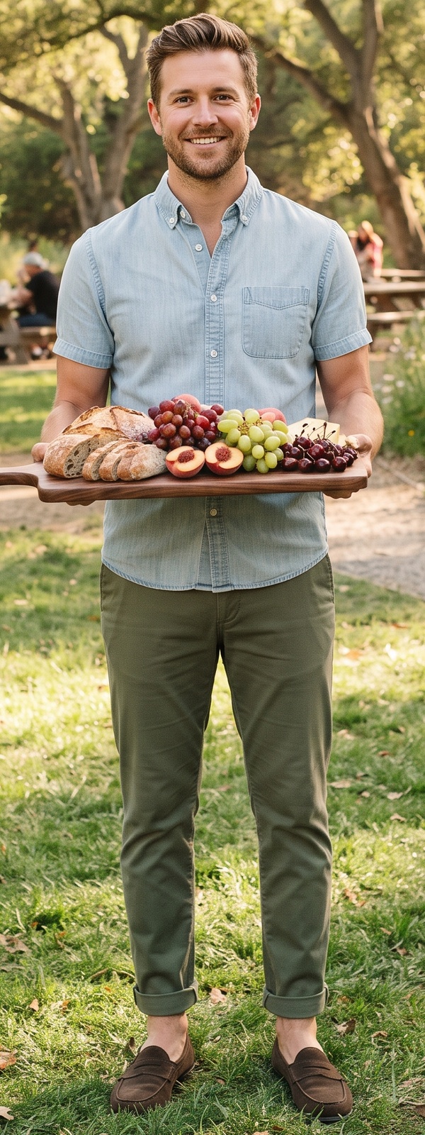 Chambray Short Sleeve Button Down and Olive Chino Pants Park Potluck Look