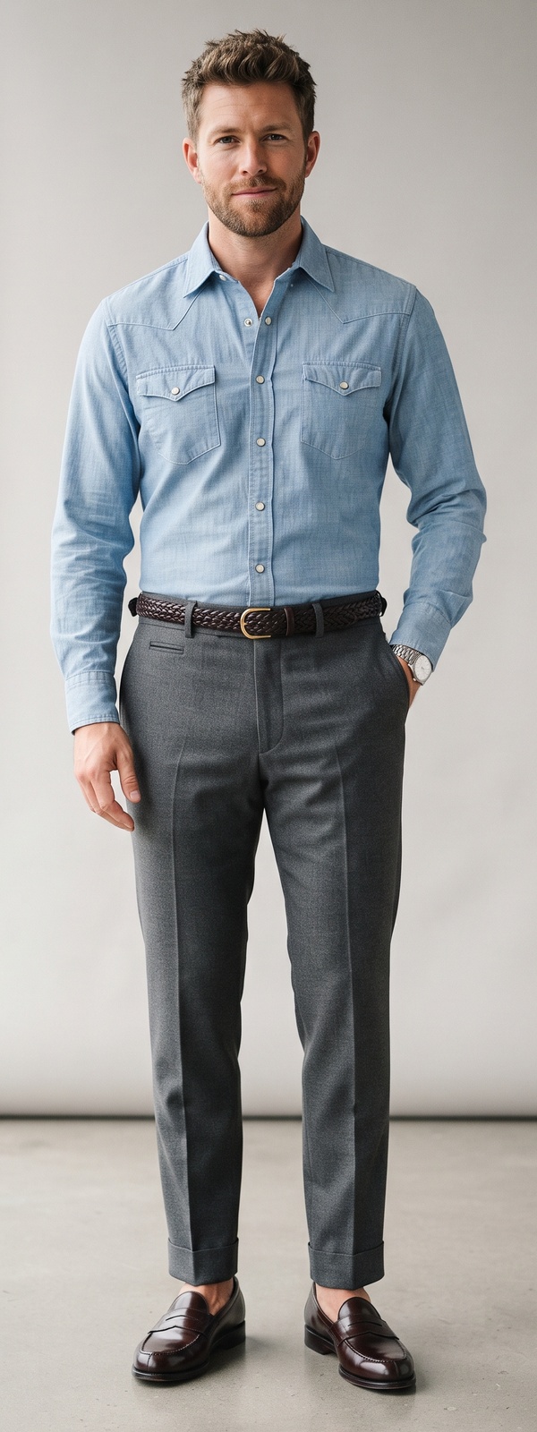 Light-Blue Chambray Western Shirt With Charcoal Wool Flannel Pants and Burgundy Loafers