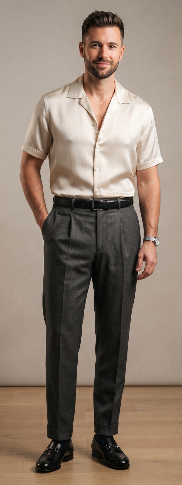 Champagne Silk Camp Shirt with Charcoal Pleated Dress Pants