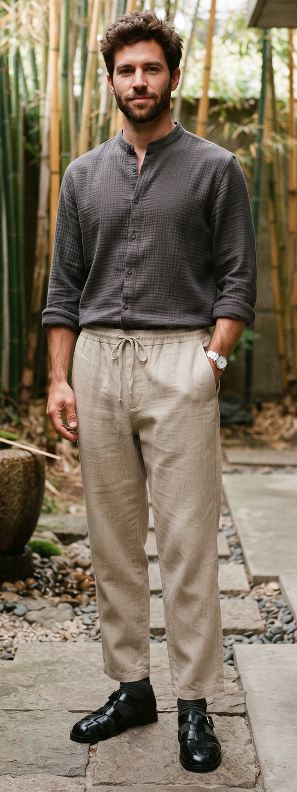 Zen Minimalist Charcoal Band Collar Shirt and Linen Drawstring Pants Look