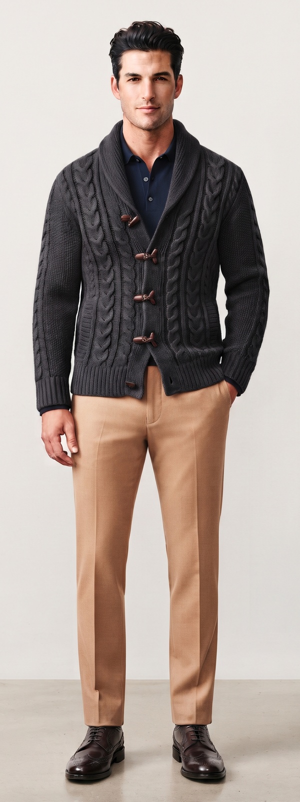 Cozy Charcoal Cable Knit Shawl Cardigan Navy Polo and Camel Pants Look