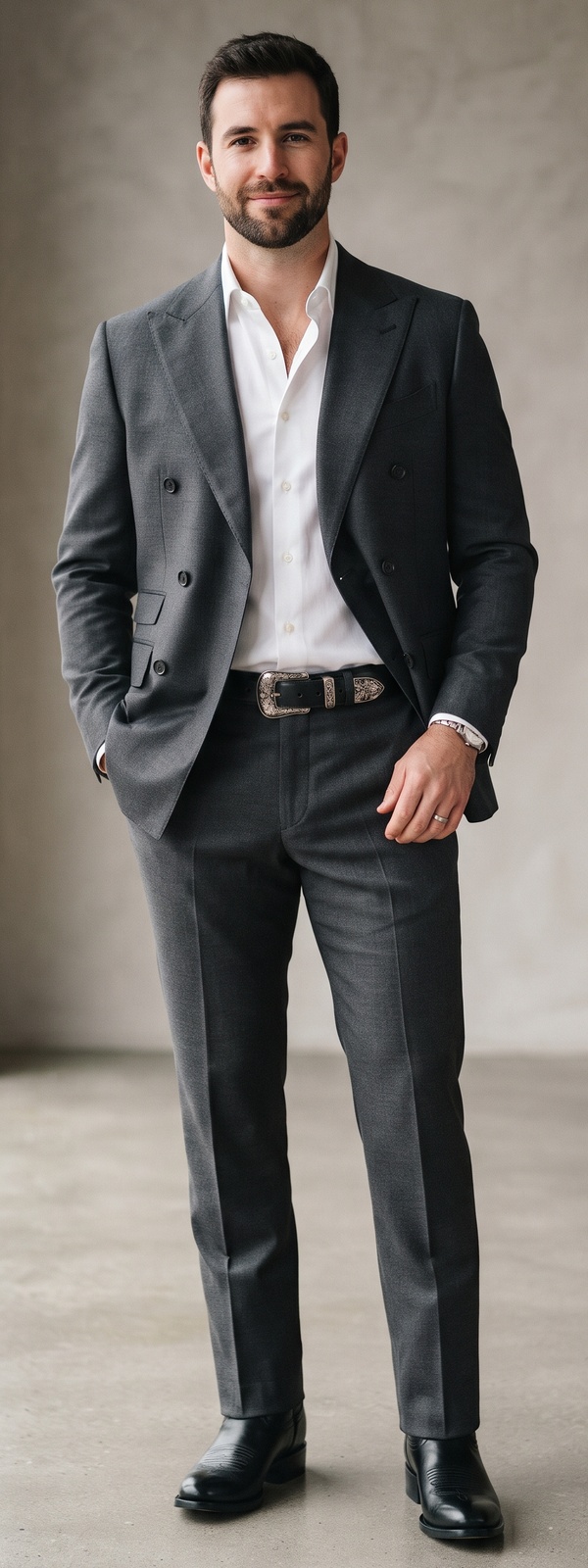 Charcoal Wool Double Breasted Suit with Western Buckle Belt and Roper Boots