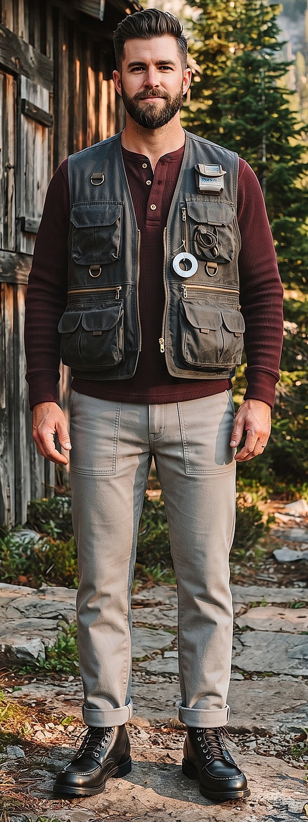 Rugged Charcoal Fishing Vest and Off White Work Pants Cabin Look