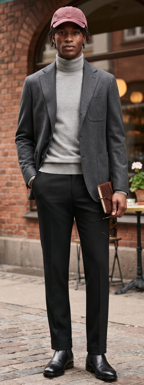 Charcoal Flannel Blazer with Heather Turtleneck and Dusty Rose Baseball Cap