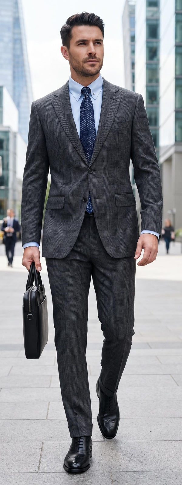 Charcoal Glen Plaid Wool Suit with Light Blue Shirt and Navy Polka Dot Tie