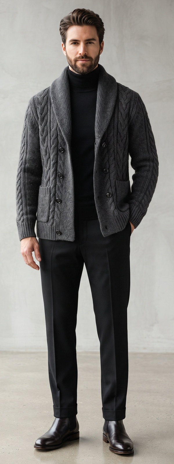 Charcoal Grey Cable Knit Shawl Cardigan with Black Turtleneck