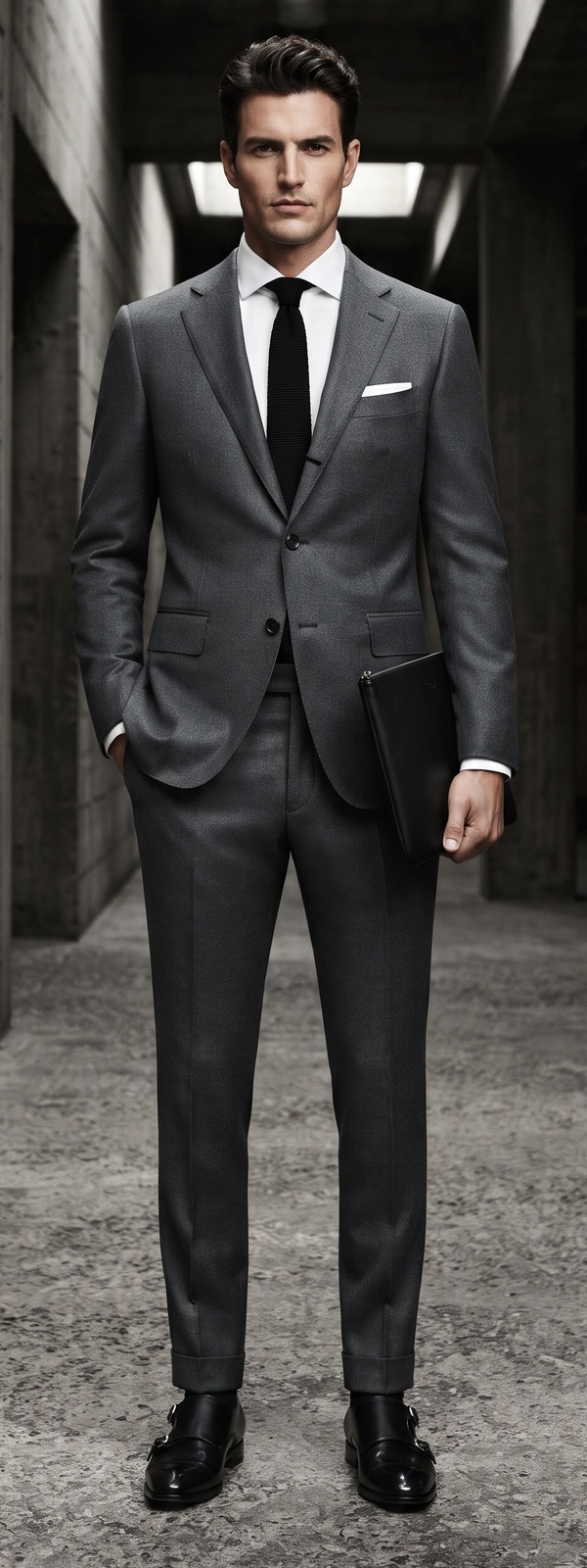 Charcoal Grey Wool Suit with Black Knit Tie and Double Monk Straps