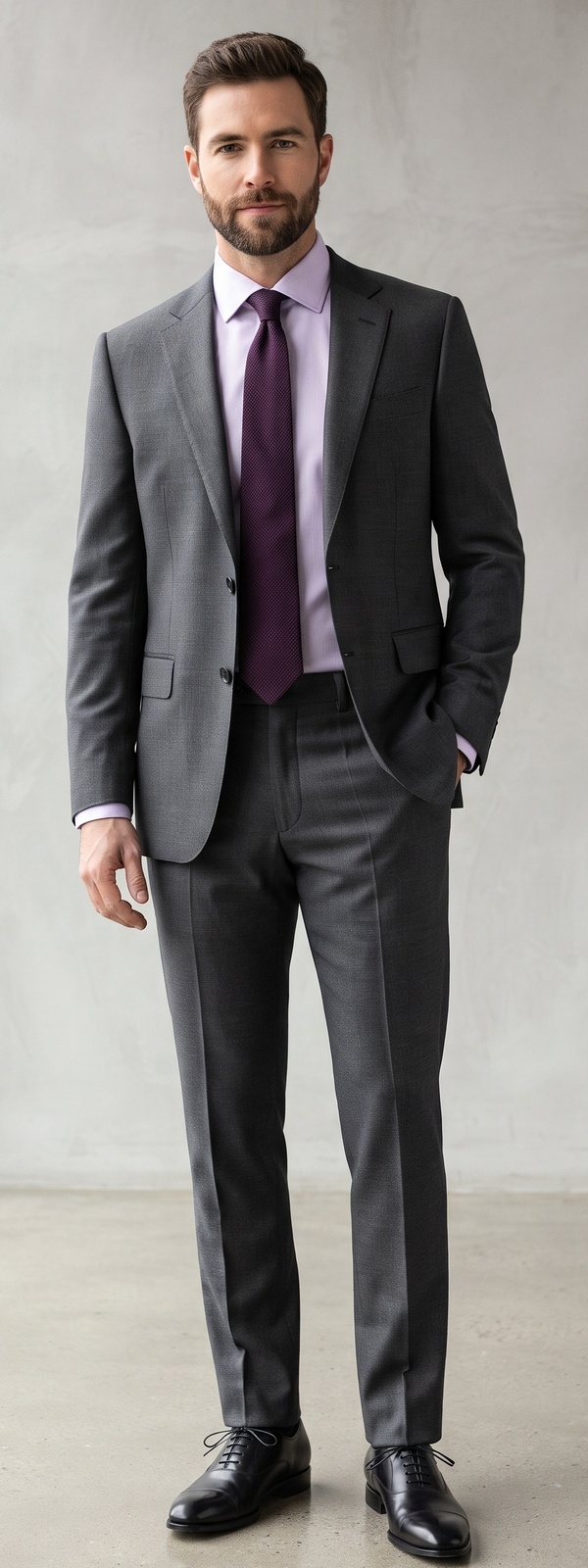 Charcoal Grey Wool Suit with Lilac Dress Shirt and Plum Tie