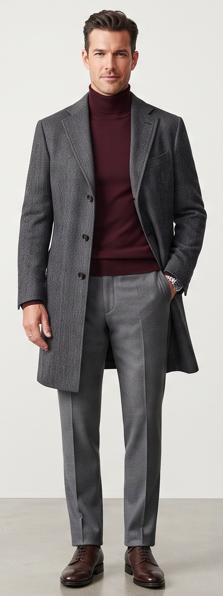 Dark Academia Charcoal Herringbone Tweed Overcoat and Burgundy Turtleneck Look