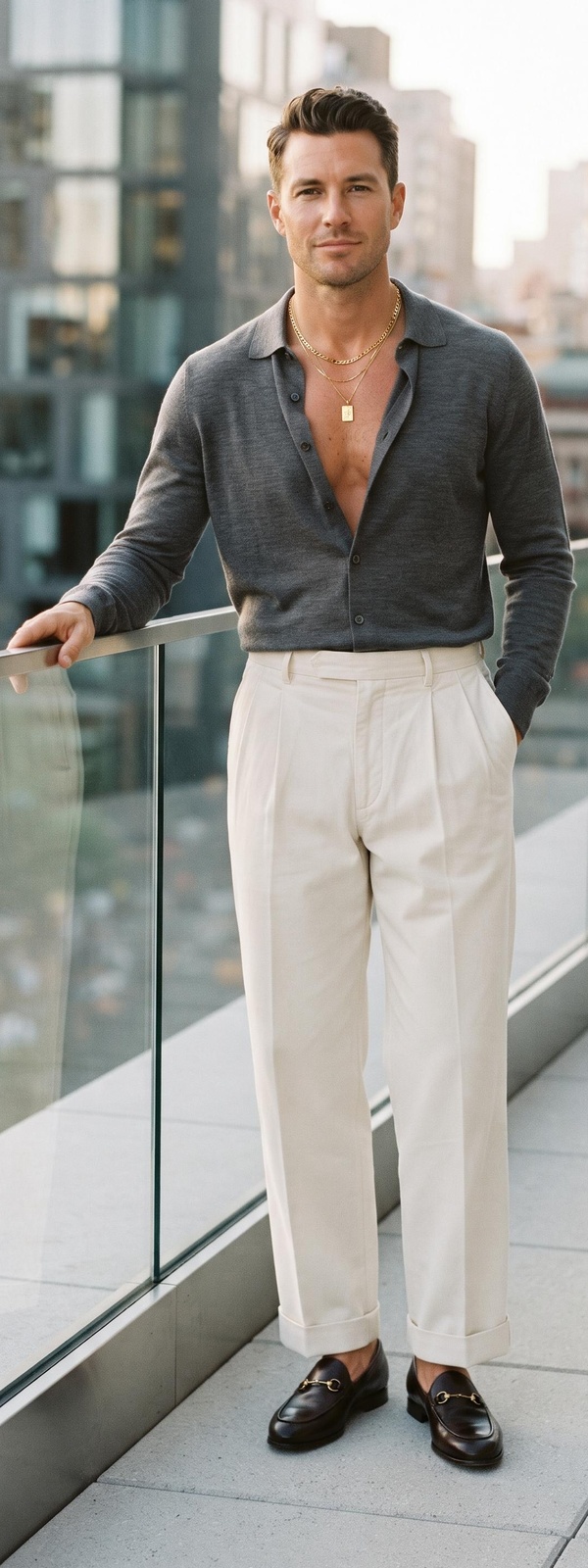 Charcoal Knit Polo Cardigan & Cream Pleated Trousers