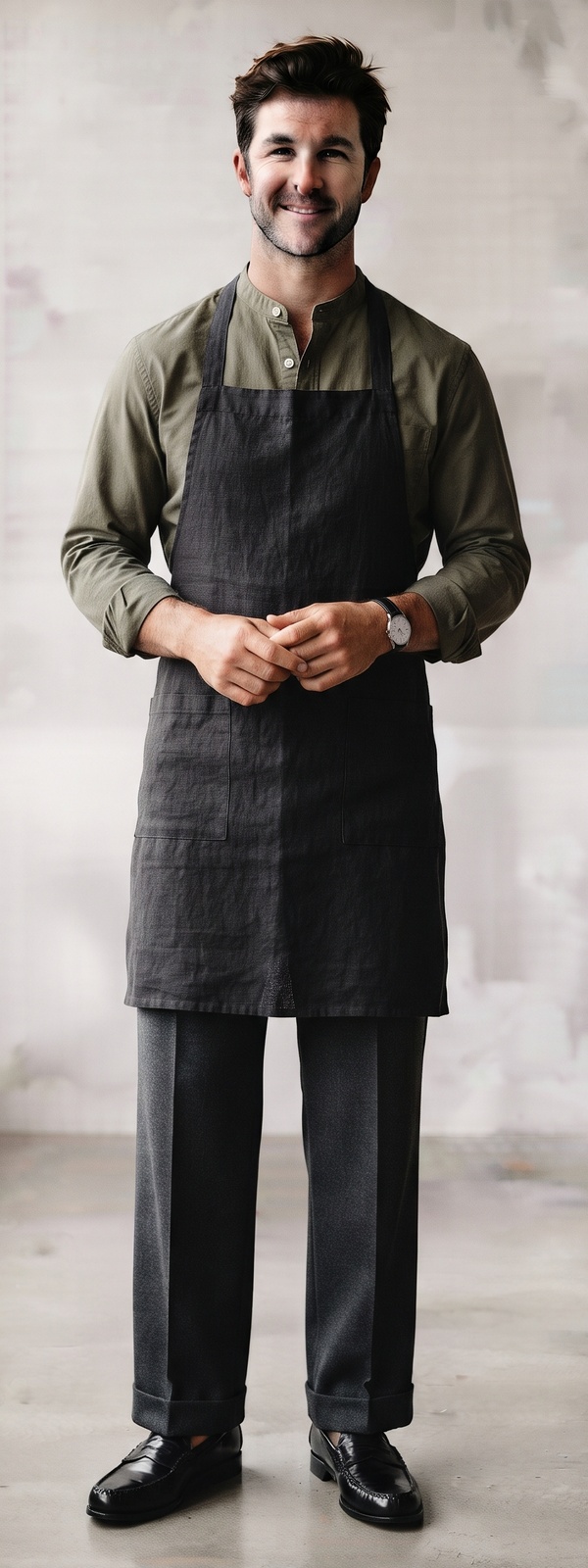 Charcoal Linen Barista Apron with Olive Band Collar Shirt and Pleated Pants