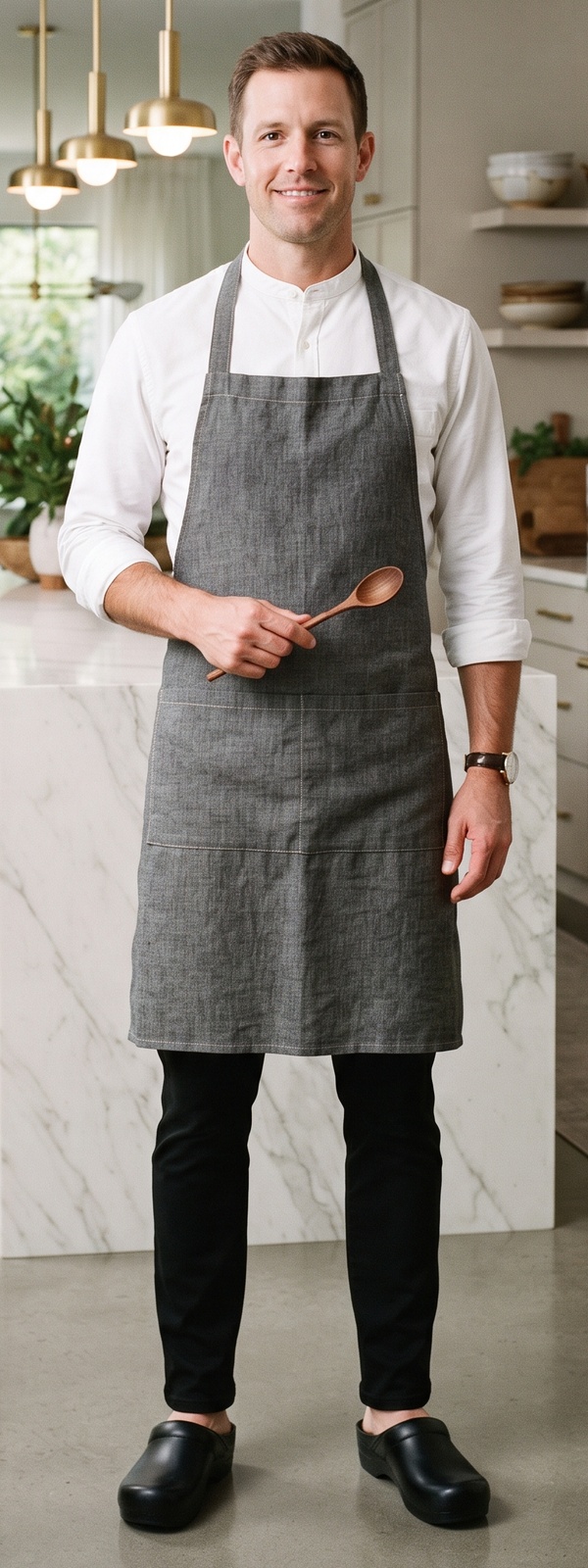 Charcoal Linen Chef Apron and White Band Collar Shirt Cooking Look