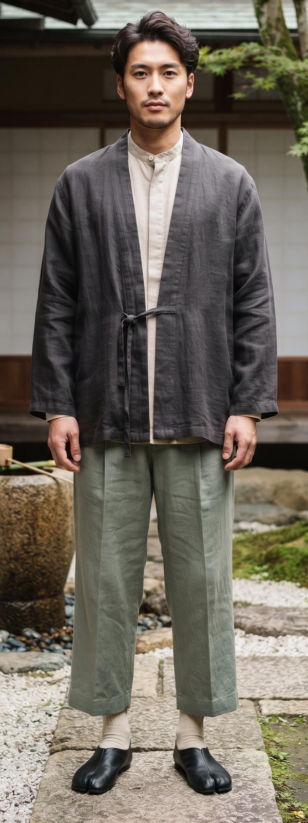 Charcoal Linen Kimono Cardigan, Tunic & Tabi Shoes