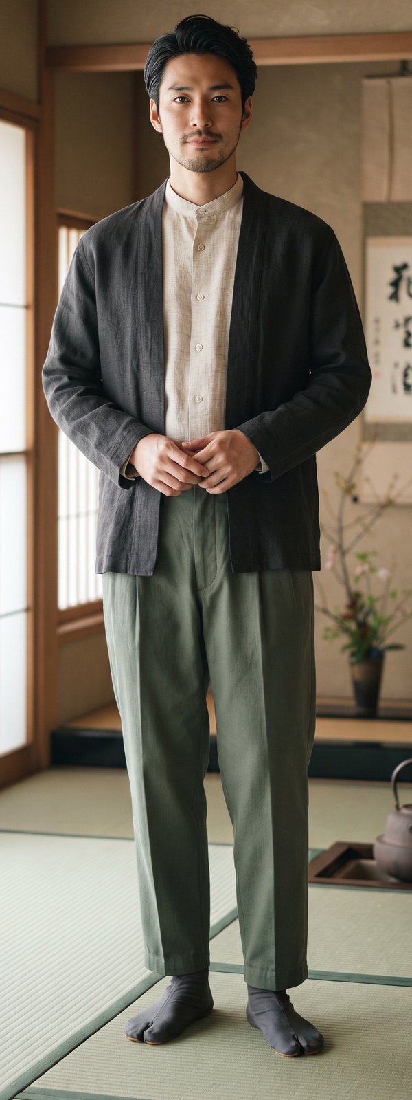 Charcoal Linen Noragi, Band Collar Shirt, and Sage Trousers