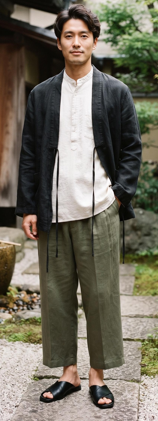 Charcoal Linen Noragi, Popover Shirt & Wide Sage Trousers
