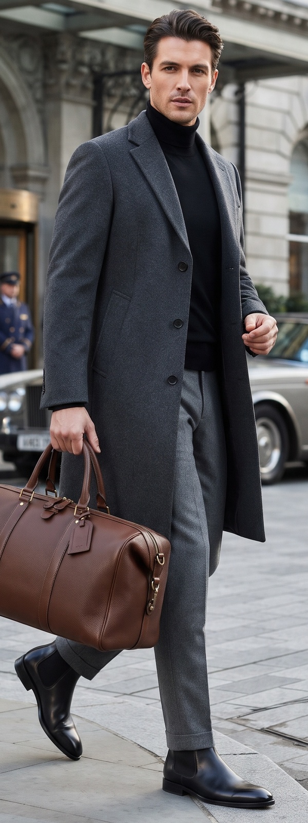 Charcoal Overcoat, Black Turtleneck & Flannel Trousers