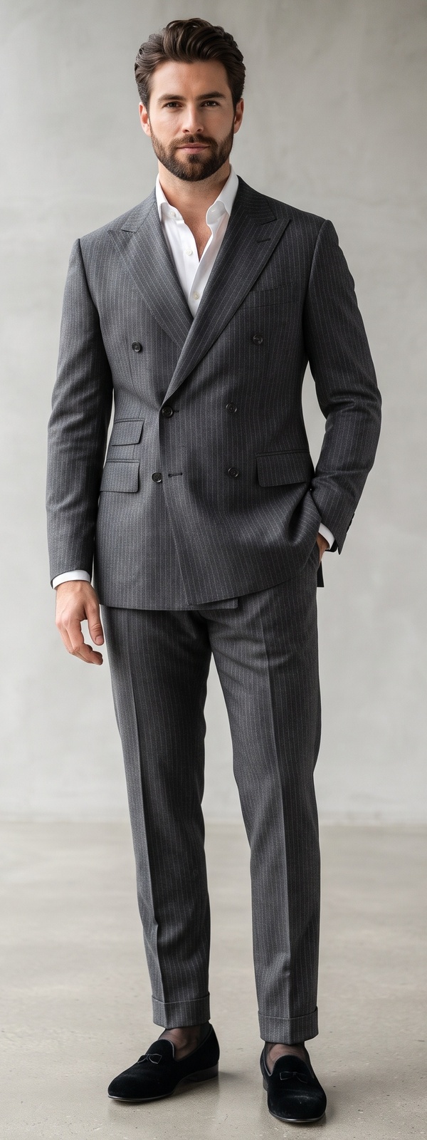 Charcoal Pinstripe Double-Breasted Suit with Crisp White Dress Shirt