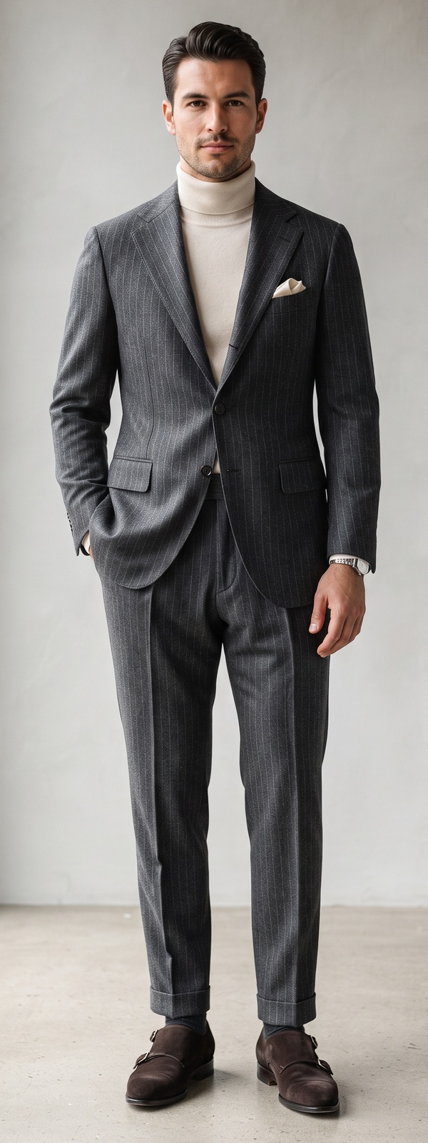 Charcoal Pinstripe Wool Suit with Cream Turtleneck and Suede Double Monks