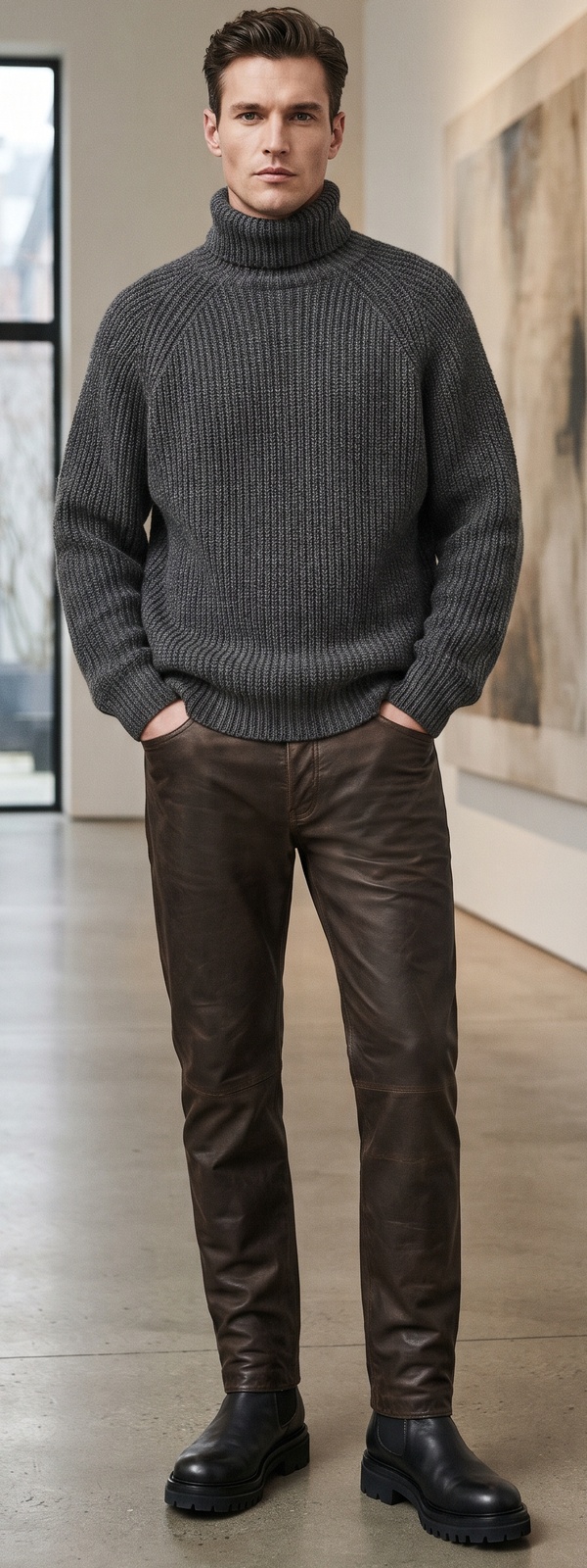 Charcoal Ribbed Turtleneck Sweater with Brown Leather Pants