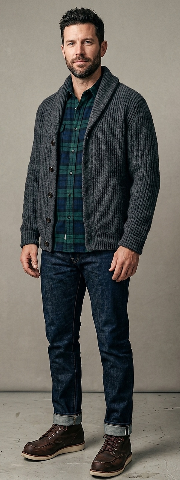 Rustic Winter Charcoal Shawl Collar Cardigan with Blackwatch Flannel Shirt and Raw Selvedge Denim