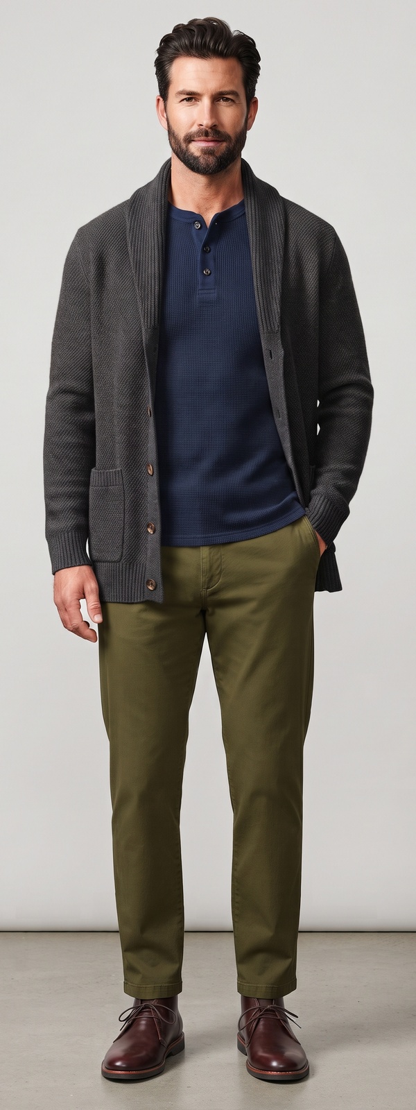 Charcoal Shawl Cardigan Navy Waffle Henley and Olive Chino Pants Look