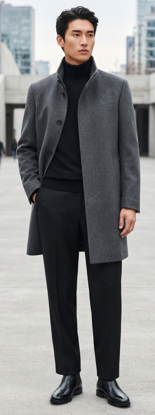 Charcoal Stand Collar Wool Overcoat with Black Turtleneck and Dress Pants