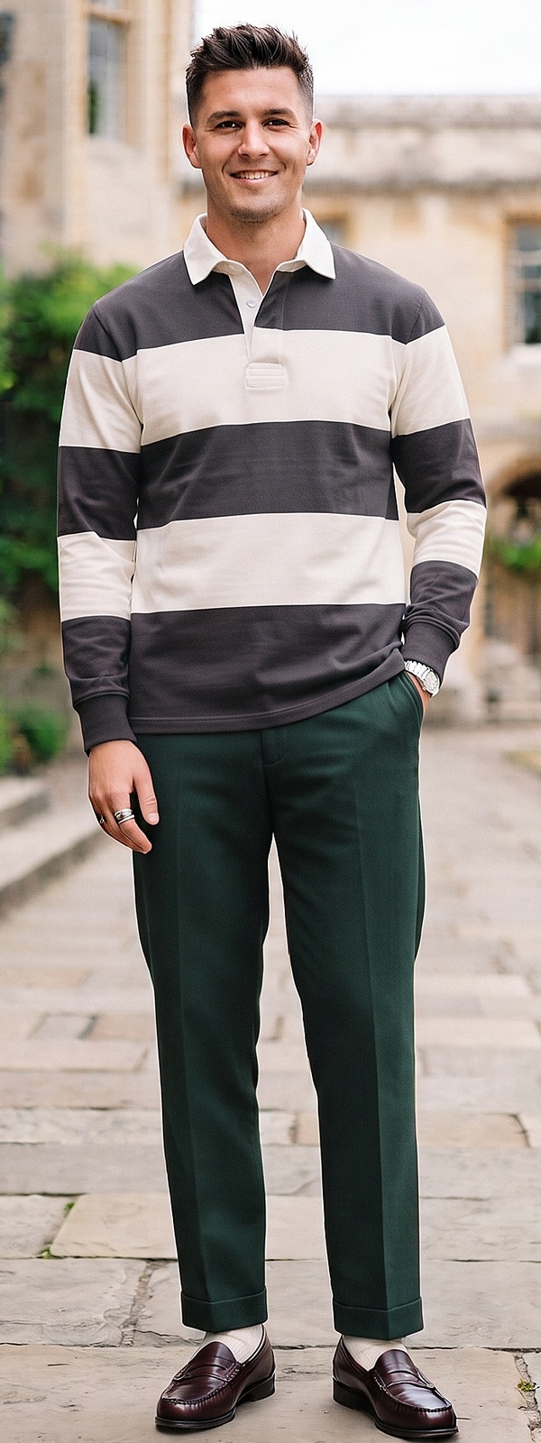 Charcoal Striped Rugby Shirt and Forest Green Pleated Dress Pants Look