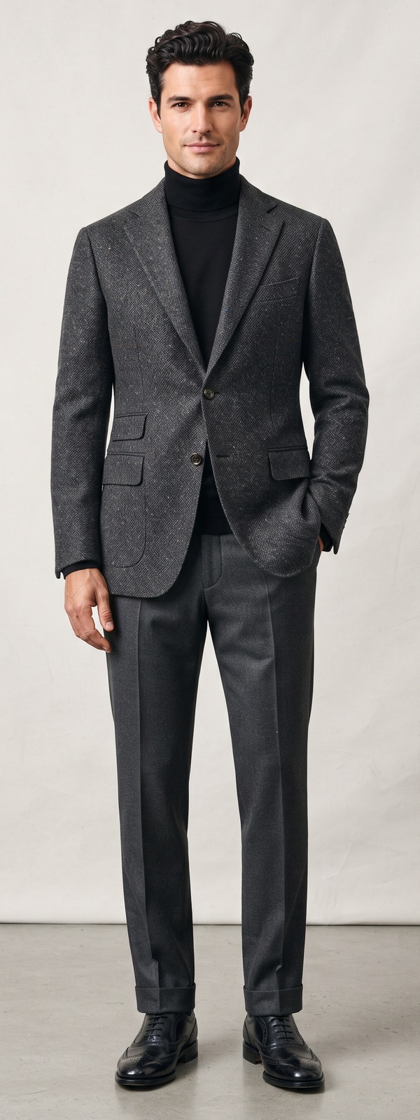 Charcoal Tweed Blazer Black Turtleneck and Charcoal Dress Pants Look