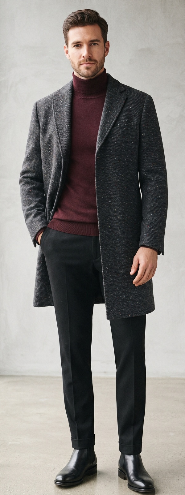 Charcoal Tweed Overcoat with Burgundy Turtleneck and Black Trousers