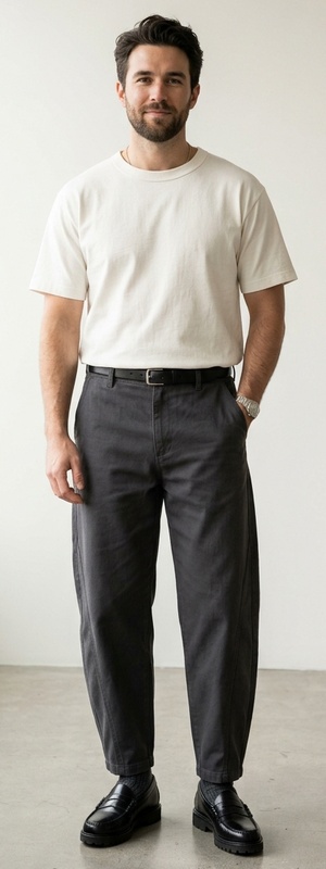 Charcoal Twill Barrel-Leg Pants with Boxy Off-White Tee and Lug Loafers