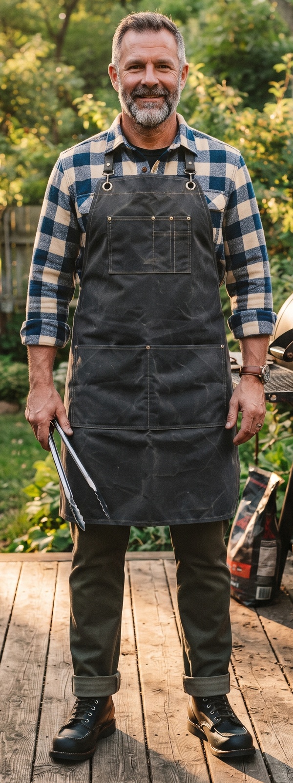 Charcoal Waxed Apron and Blue Plaid Flannel Backyard Pitmaster Look