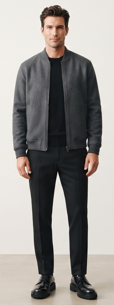 Sleek Charcoal Wool Bomber Black Crewneck and Tailored Dress Pants Look