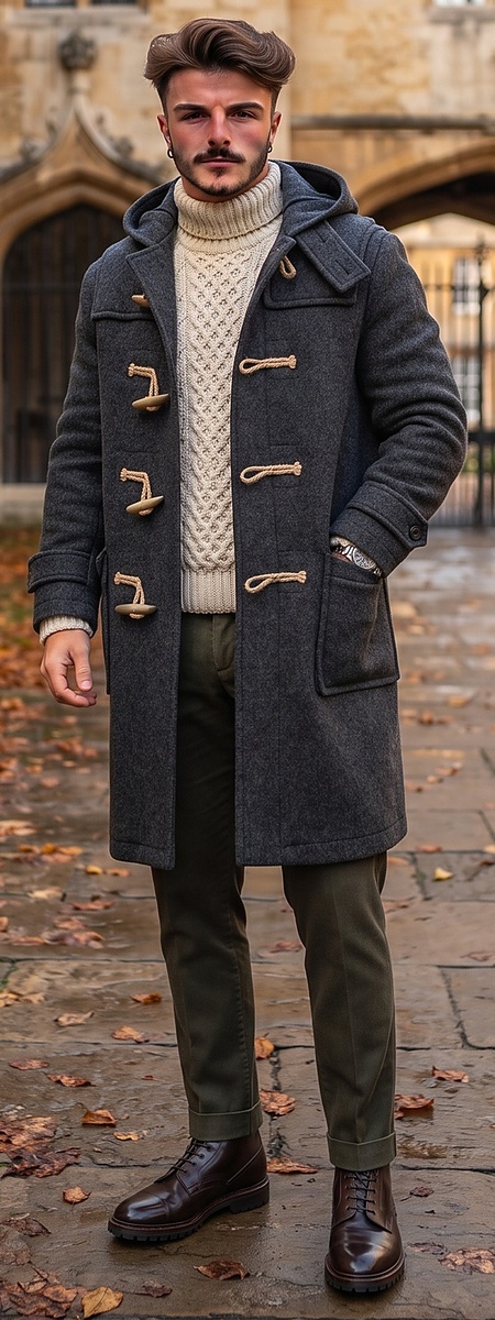 Charcoal Wool Duffle Coat Cable Turtleneck and Olive Corduroy Pants Look