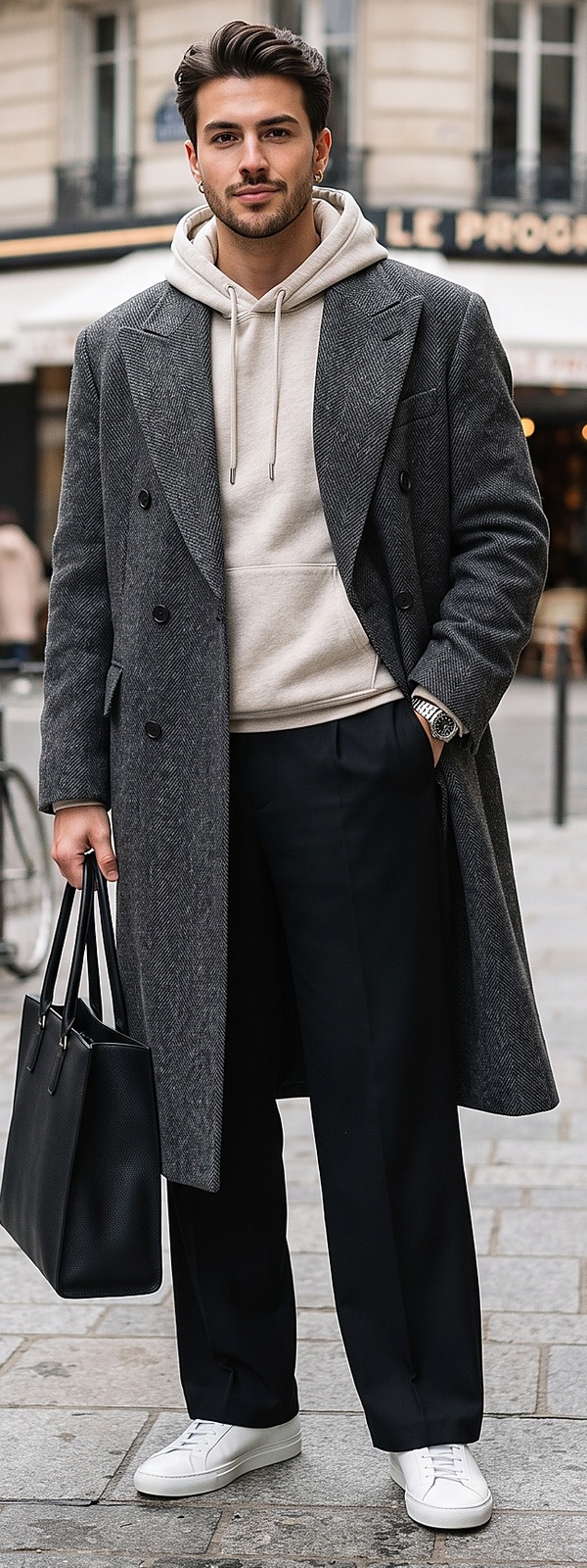 Charcoal Wool Overcoat Oatmeal Hoodie and Black Wide Dress Pants Look