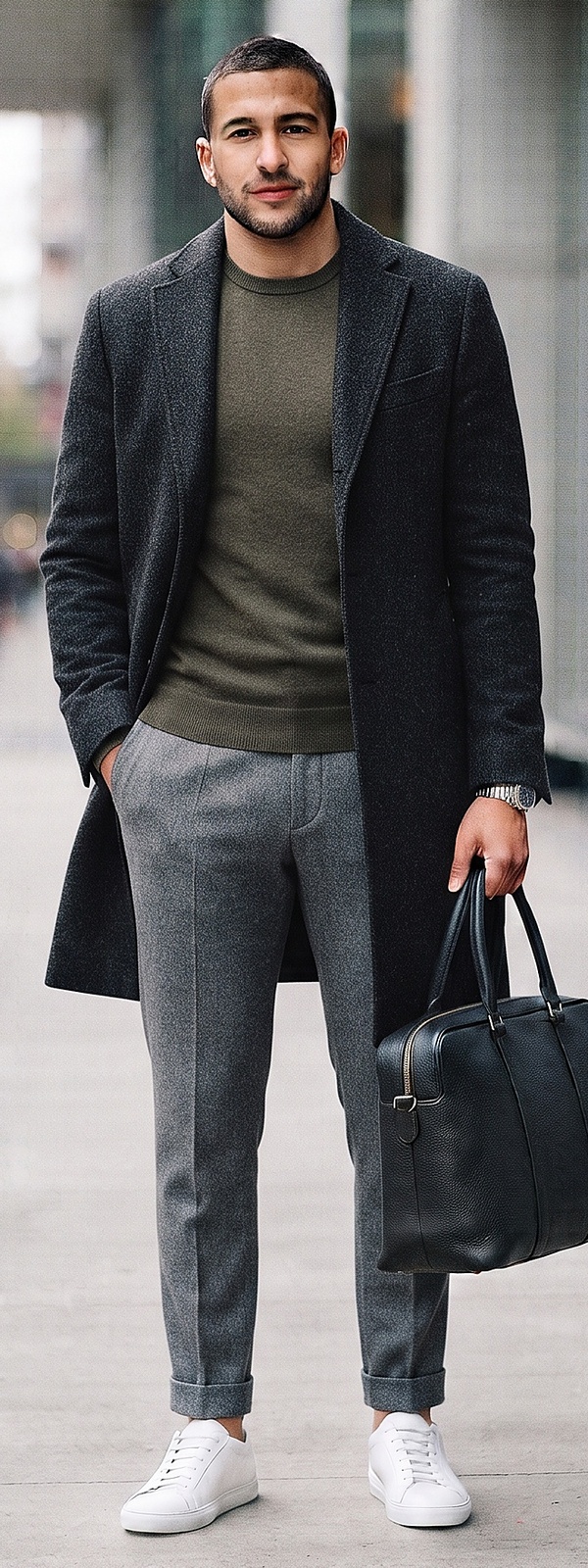 Charcoal Wool Overcoat Olive Sweater and Grey Flannel Tapered Pants