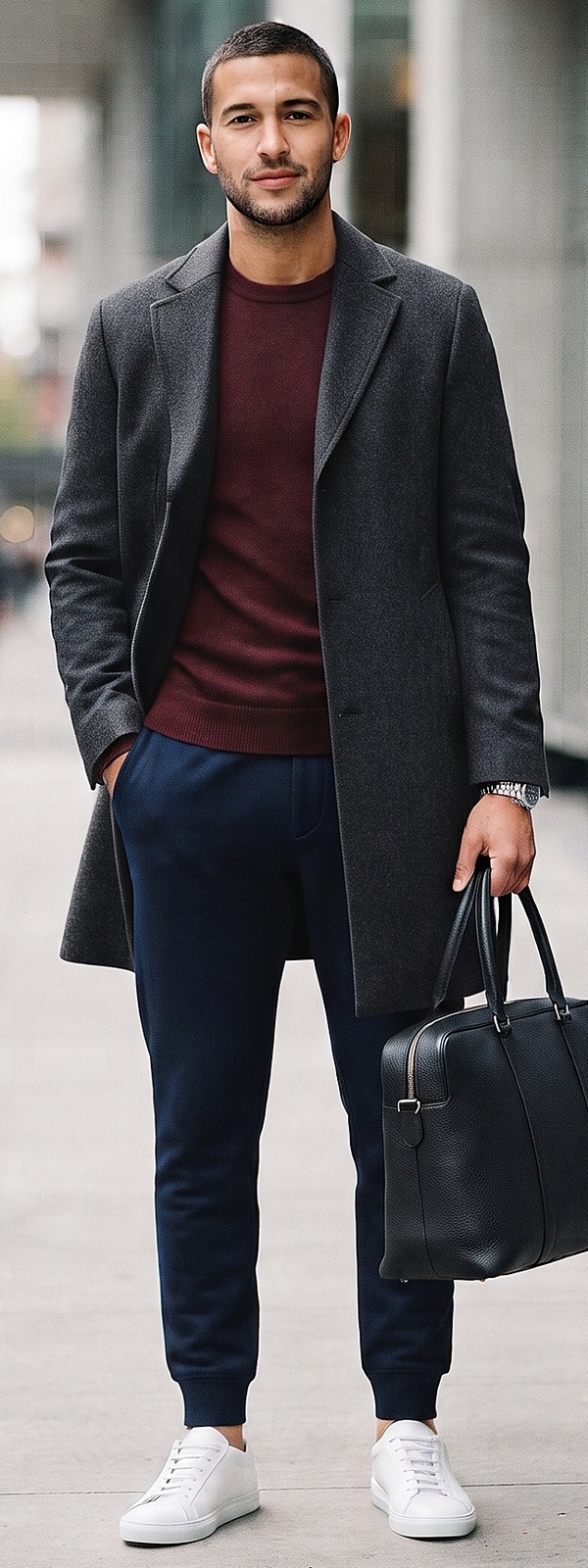 Charcoal Wool Overcoat Burgundy Knit Sweater and Navy Jogger Sweatpants